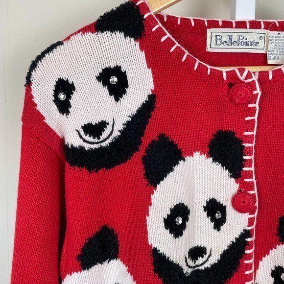 Vintage 90s Belle Pointe Panda Cardigan Sweater Red Black Button Up Size Medium - Picture 3 of 8